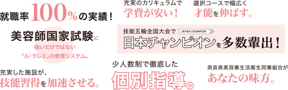 1.就職率100％の実績！ 2.美容師国家試験合格率100％ 3.全国技能五輪大会で日本チャンピオンを多数輩出！ 4.充実のカリキュラムで学費が安い！ 5.選択コースで幅広く才能を伸ばす。 6.充実した施設が、技能習得を加速させる。 7.少人数制で徹底した個別指導。 8.奈良県美容業生活衛生同業組合があなたの味方。